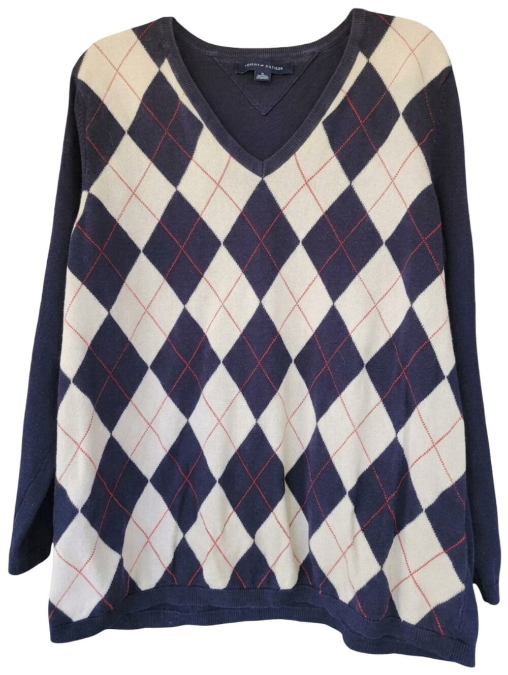 Tommy Hilfiger Ivy Argyle V-Neck Sweater Navy Blue White XL Preppy Academia
